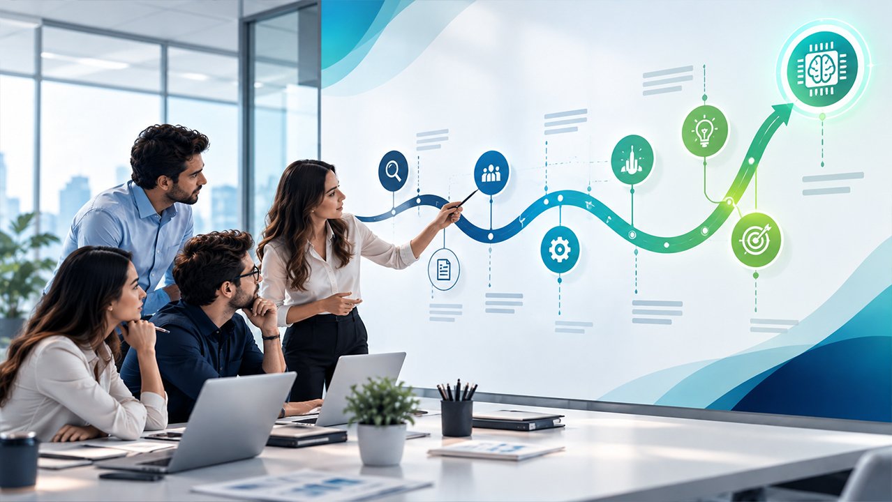 A woman presents a workflow with an AI brain icon to colleagues in a modern office meeting.