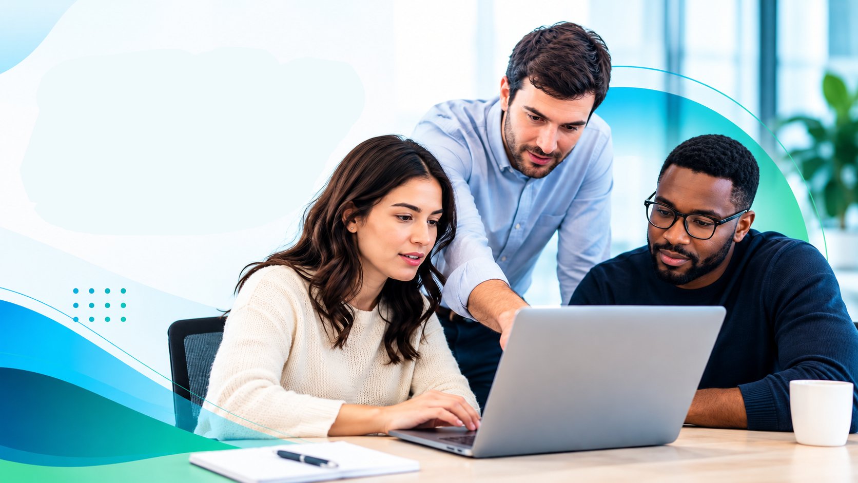 A diverse team of three professionals collaborating on a project using a laptop in an office setting.