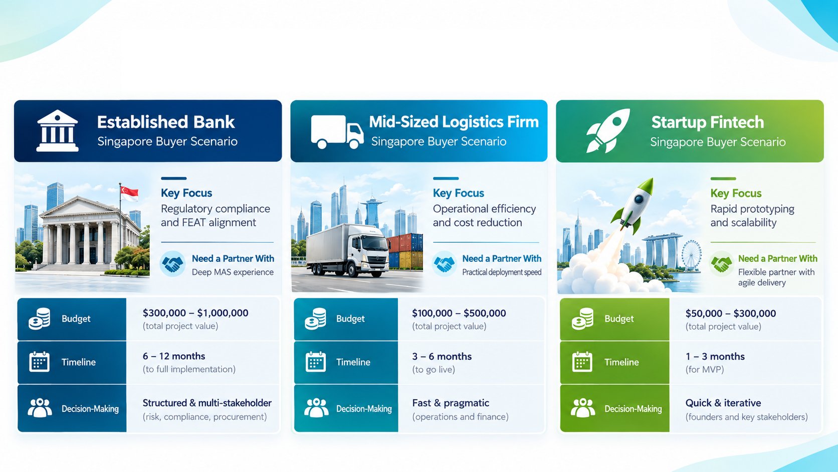 A comparison chart outlining business goals, budgets, and timelines for established banks, logistics firms, and fintech startups.