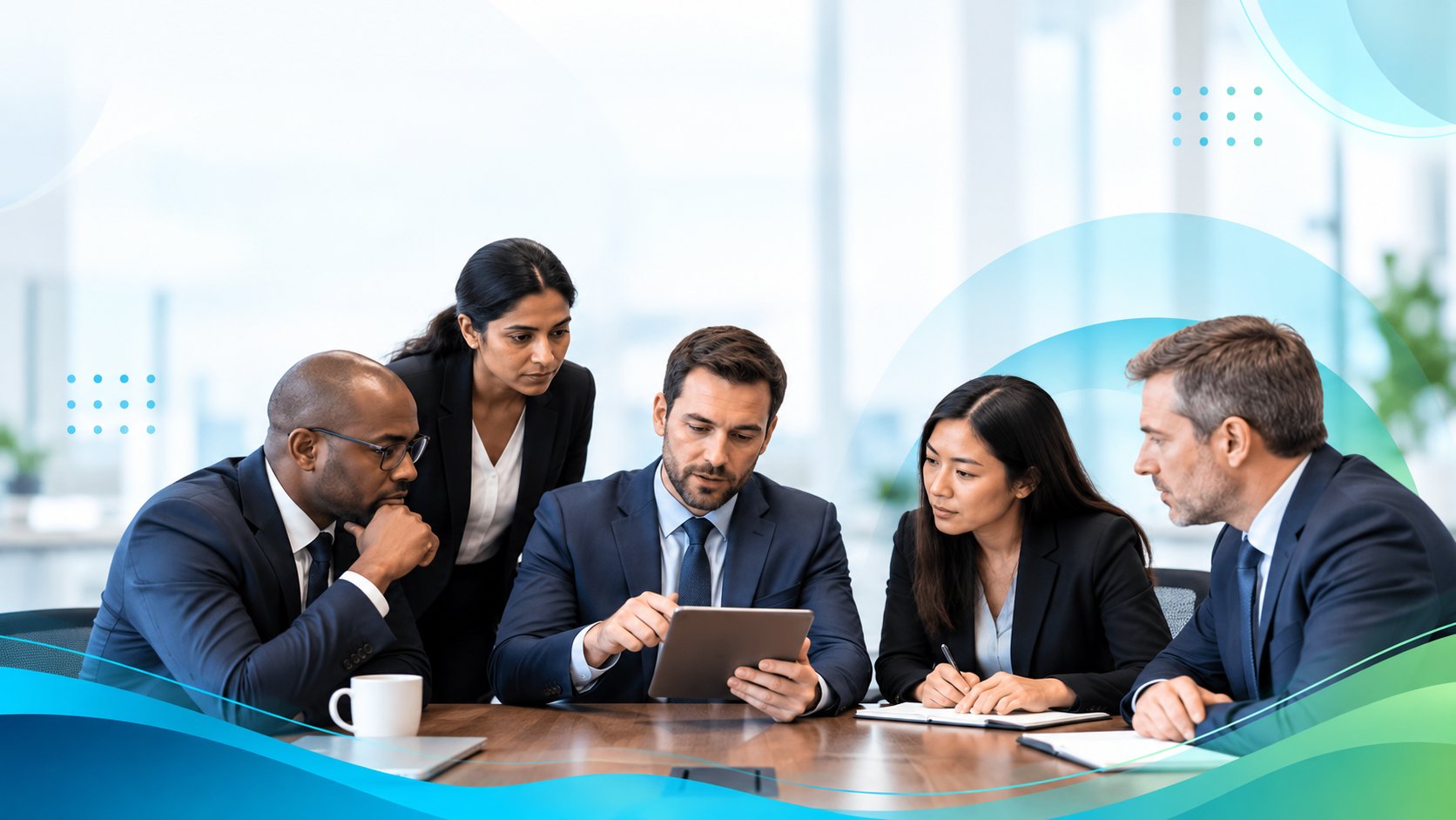 A professional business team gathers around a table to discuss strategies on a tablet device.