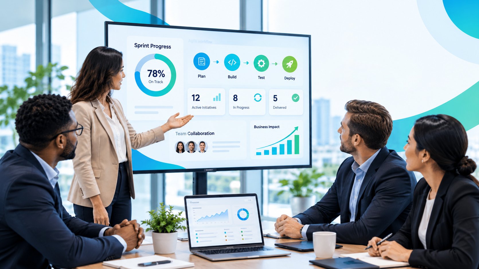 A diverse business team collaborating on mobile banking software development in a modern office meeting room.