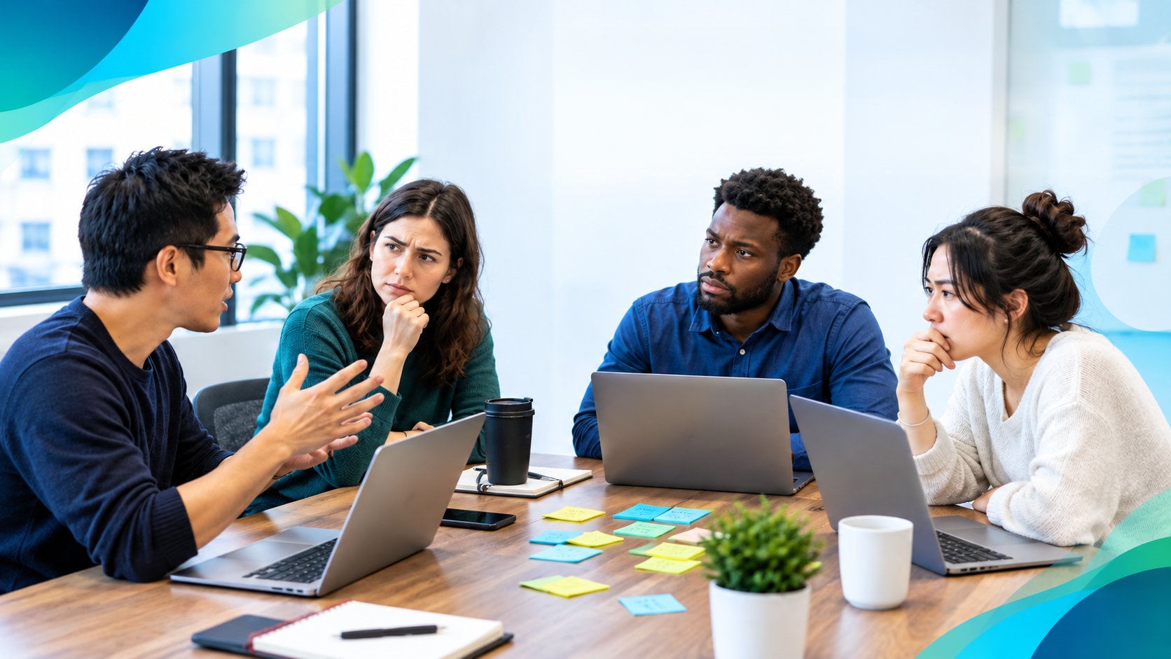 A diverse team of four colleagues discussing project goals together around a meeting table with laptops.