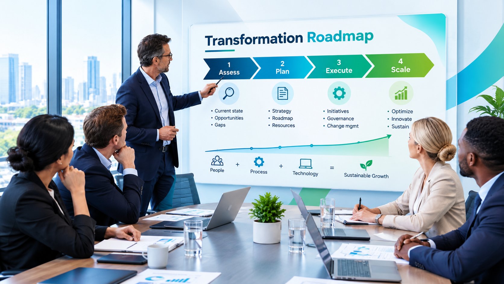 A professional business consultant leads a strategy meeting presenting a transformation roadmap to a diverse team.
