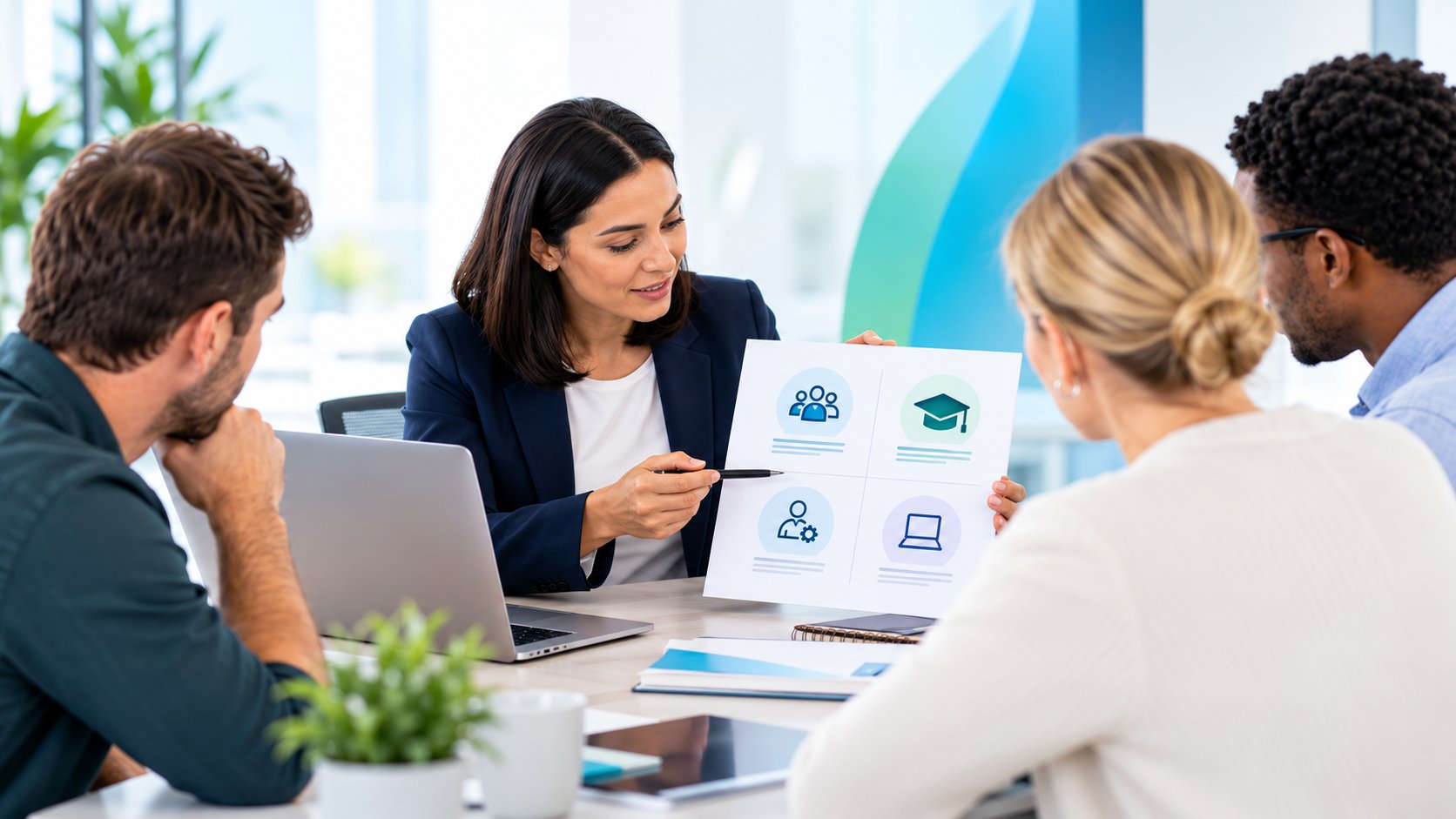 A businesswoman presents various professional training options to her team during a collaborative office meeting.