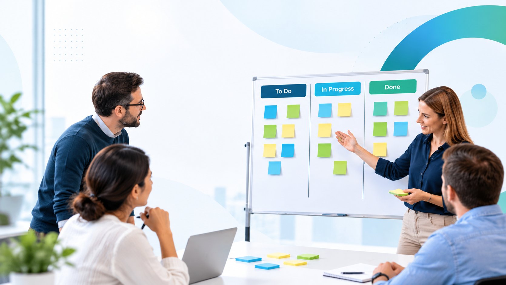 A professional team discussing tasks on a Kanban board during a collaborative team training session.