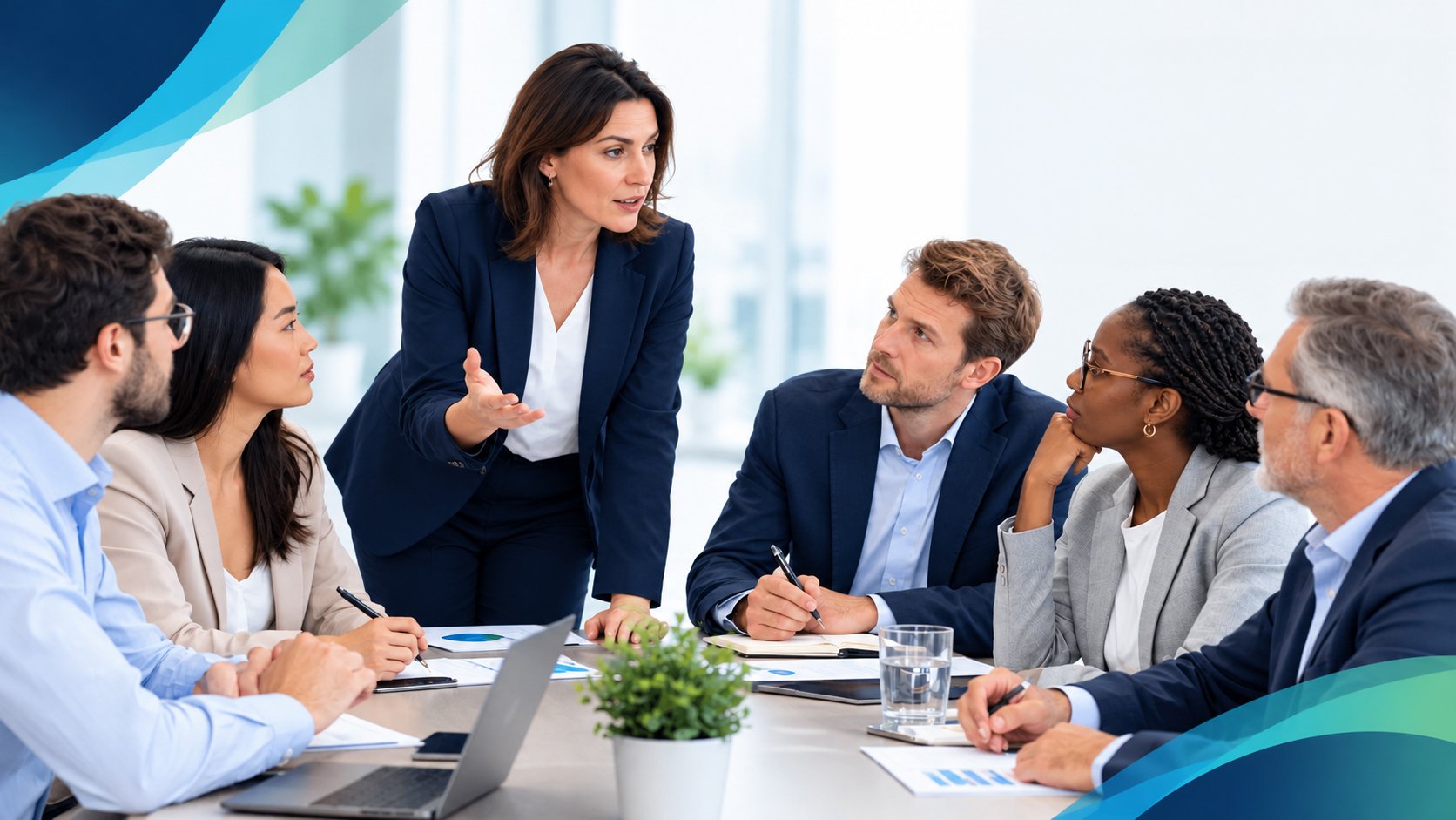 A professional team discussing organizational change during a business meeting in a modern office setting.