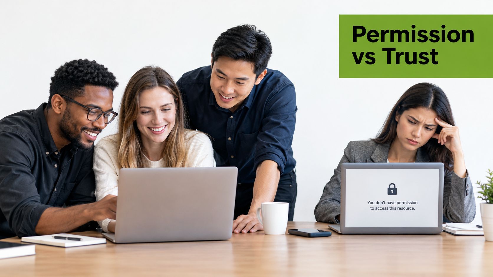 A team of colleagues work together on laptops, highlighting the contrast between collaboration and digital access restrictions.